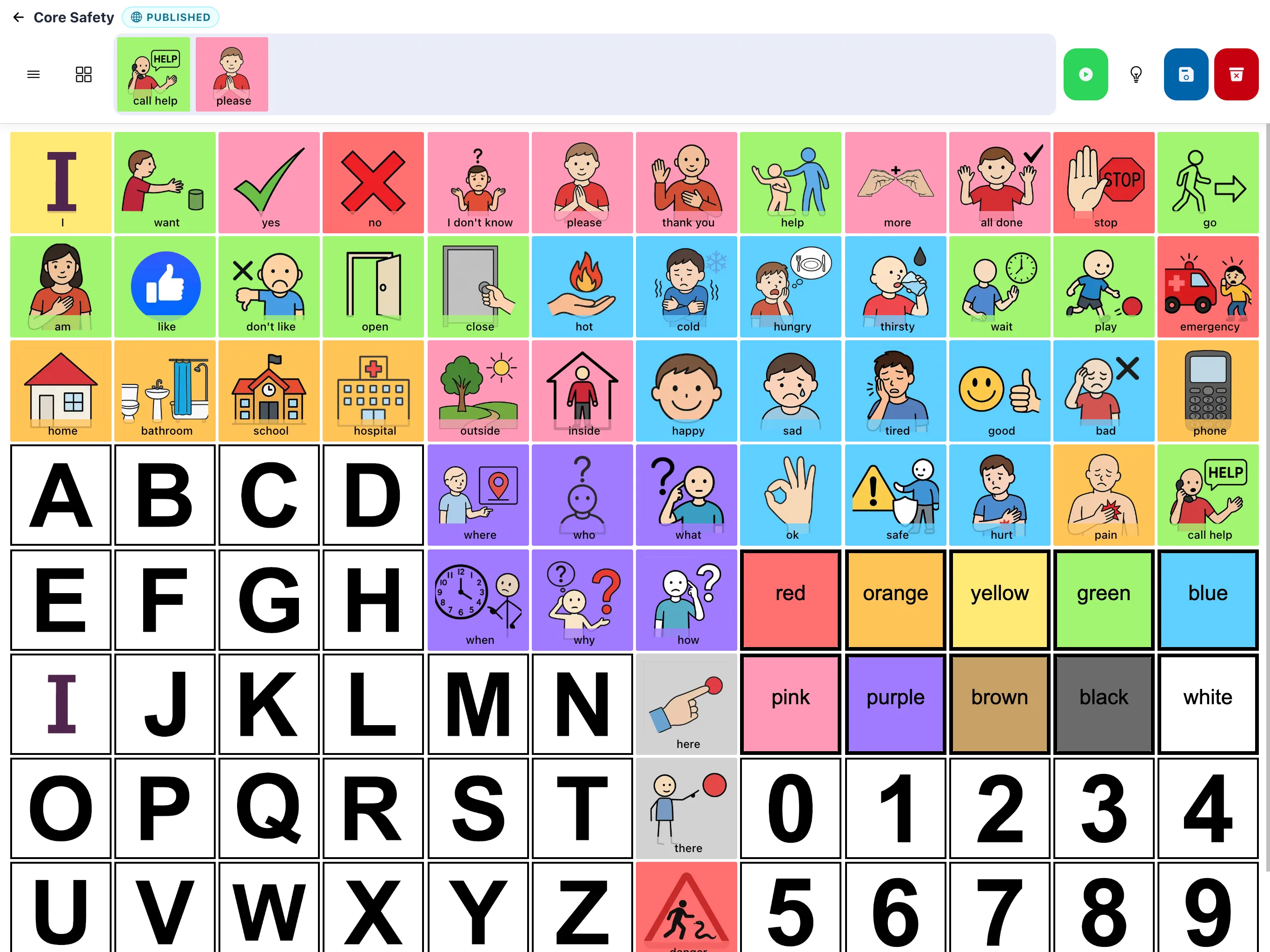 A Core Safety AAC board in SpeakAnyWay — color-coded tiles for pronouns, verbs, places, feelings, alphabet and numbers