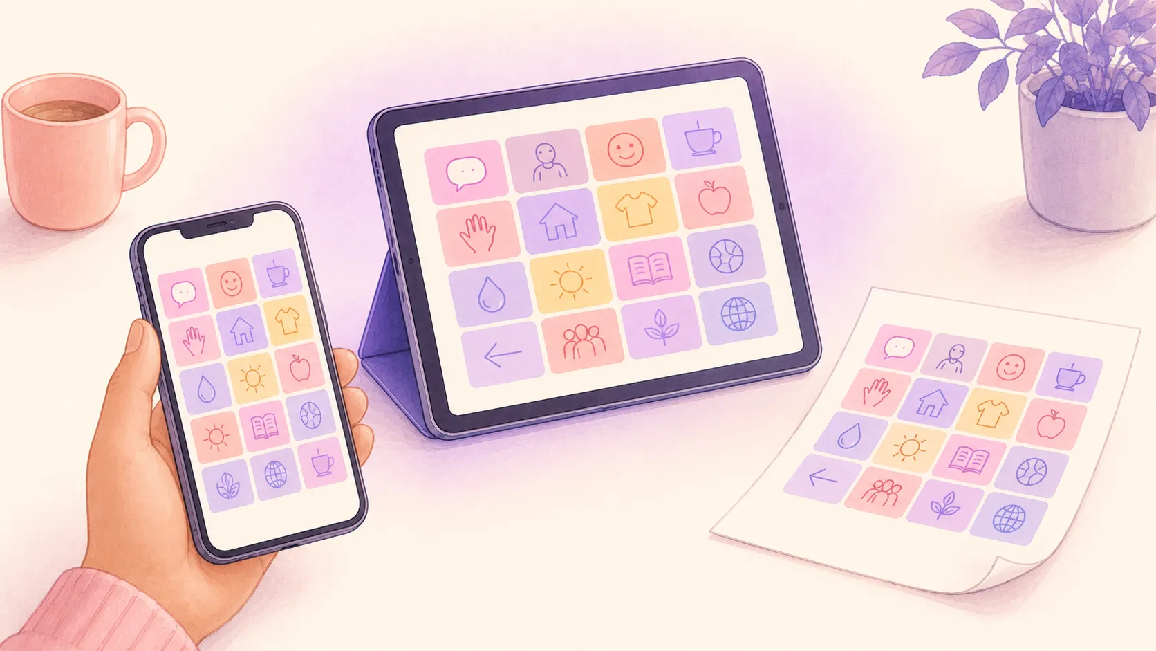 The same board shown across a phone, a tablet, and a printed sheet