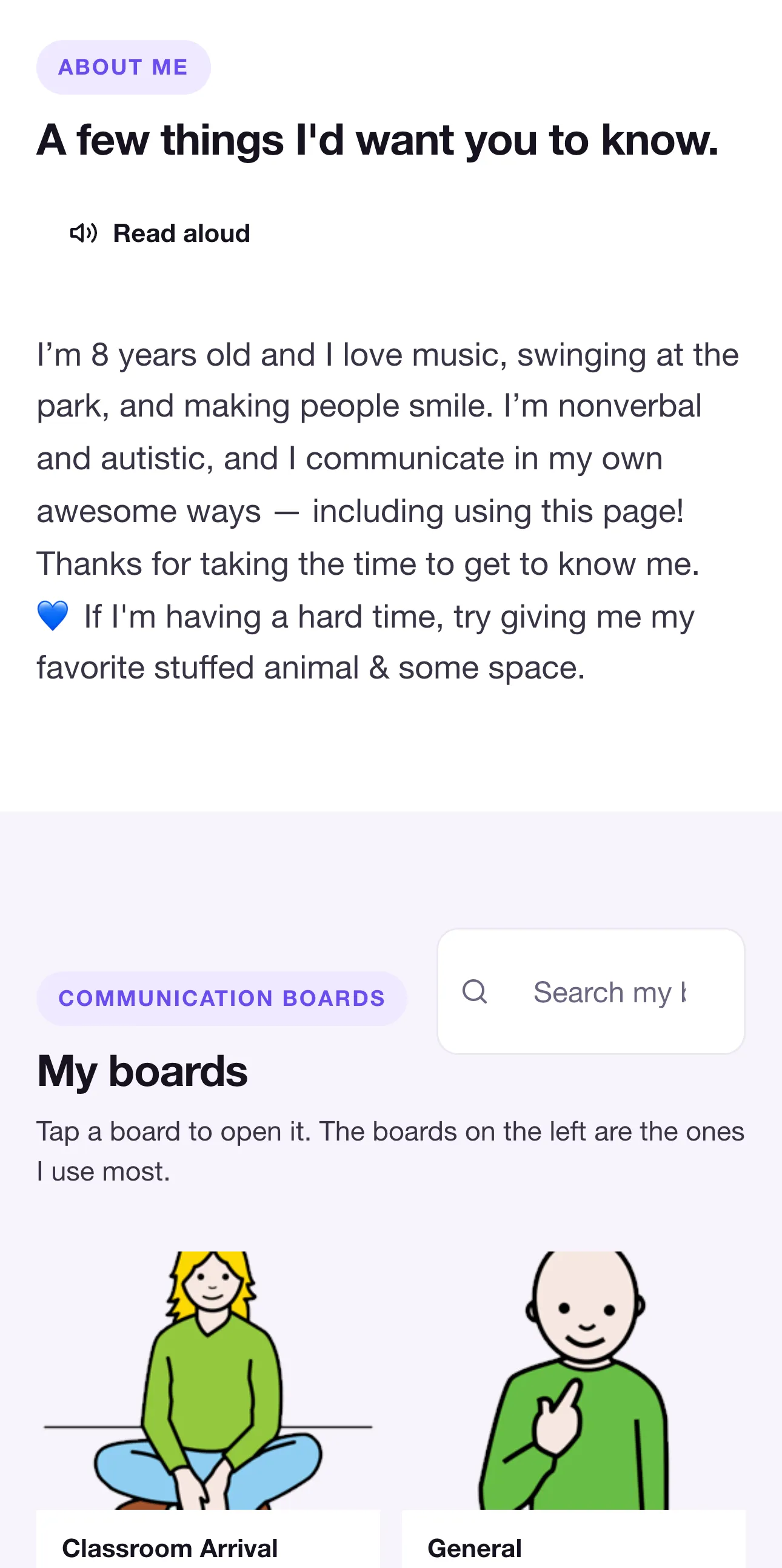 About me section of a MySpeak page