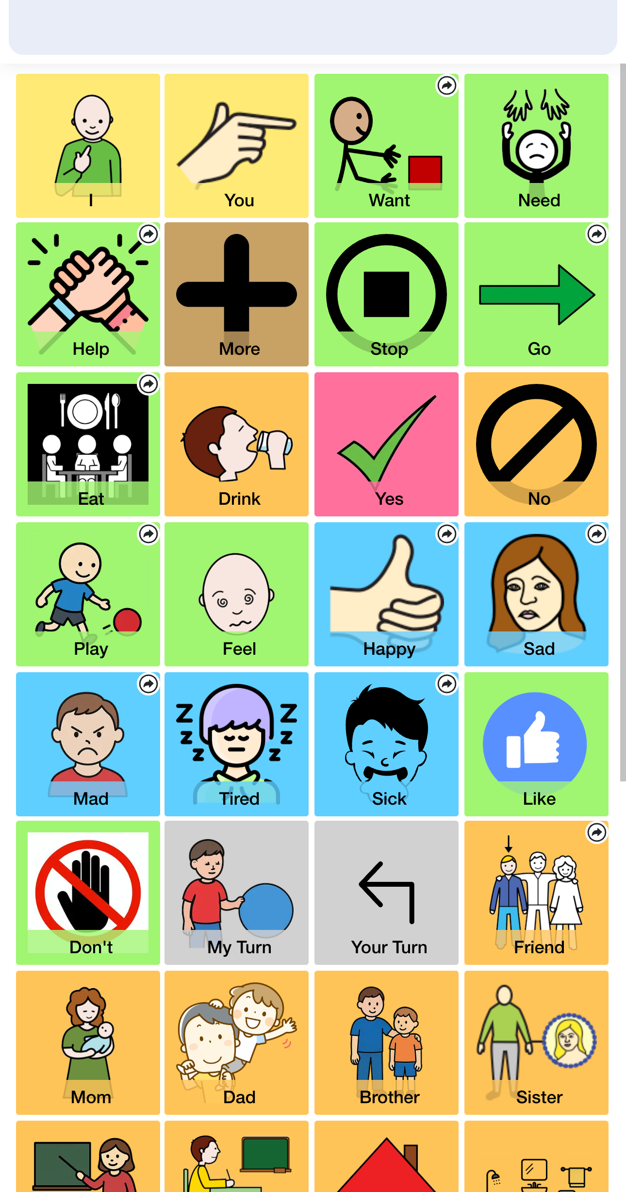 A communication board with symbol tiles open in MySpeak