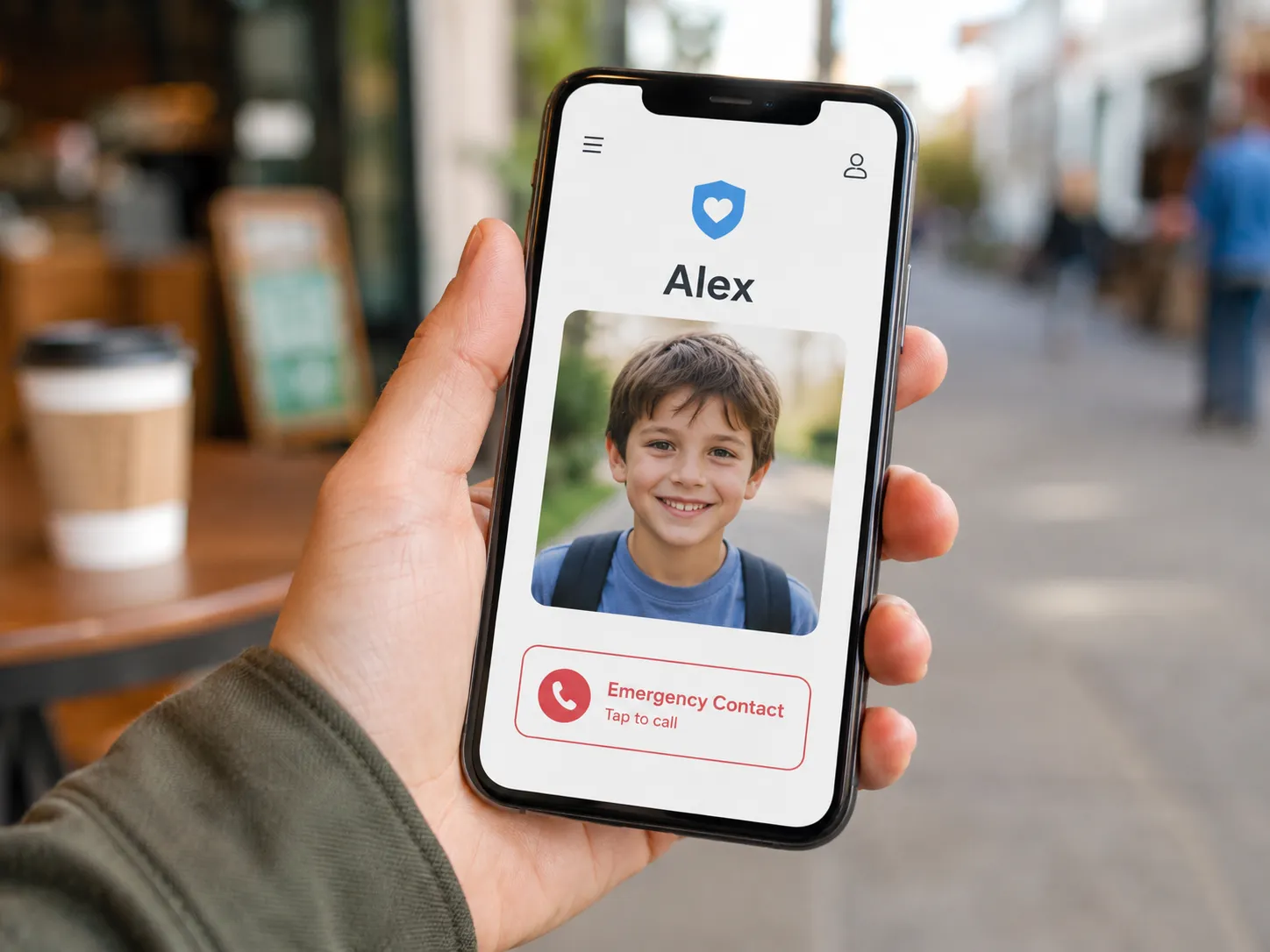 An adult holding a phone on a sidewalk showing a child's MySpeak page with their name, photo, and an Emergency Contact button