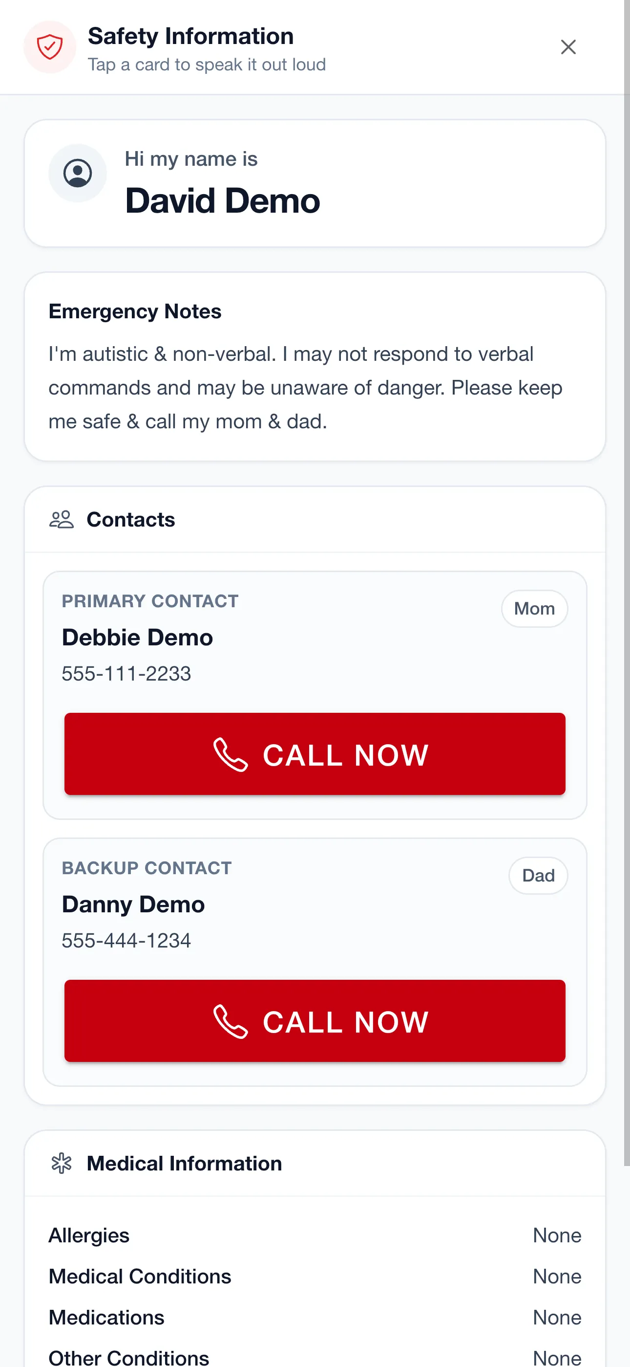 Safety information with emergency contacts and Call Now buttons