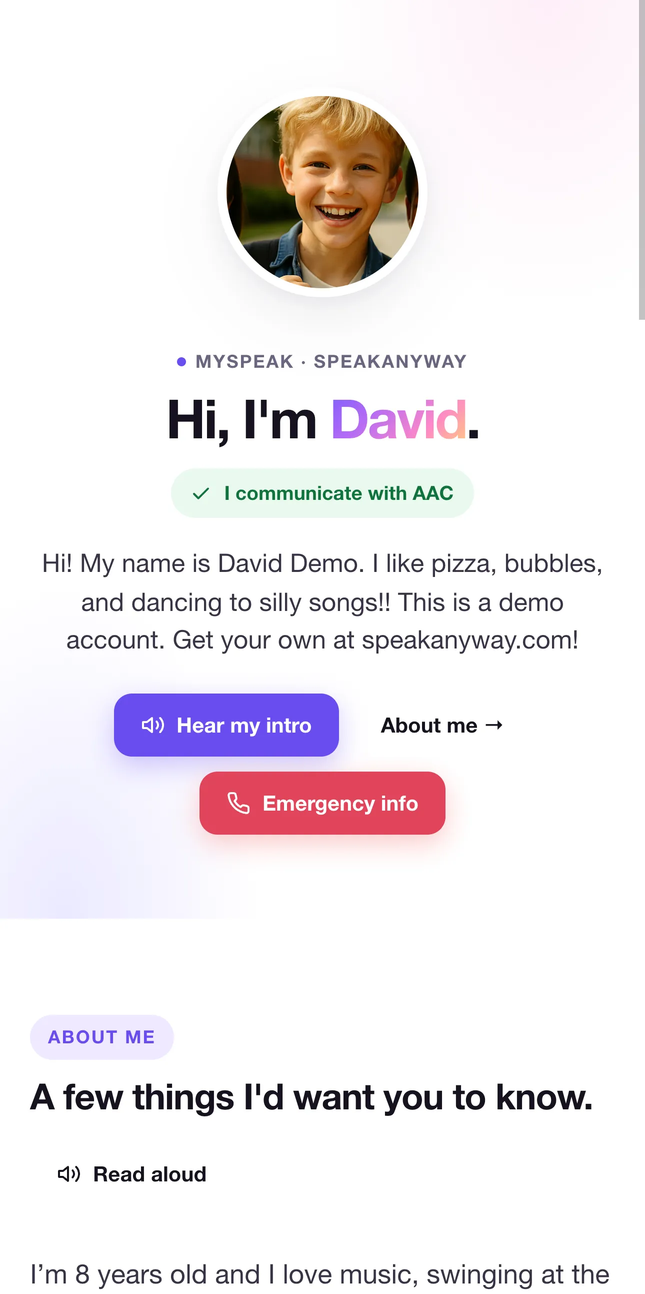 The David Demo MySpeak page on iPhone — avatar, 'I communicate with AAC' badge, intro paragraph, Hear my intro and Emergency info buttons