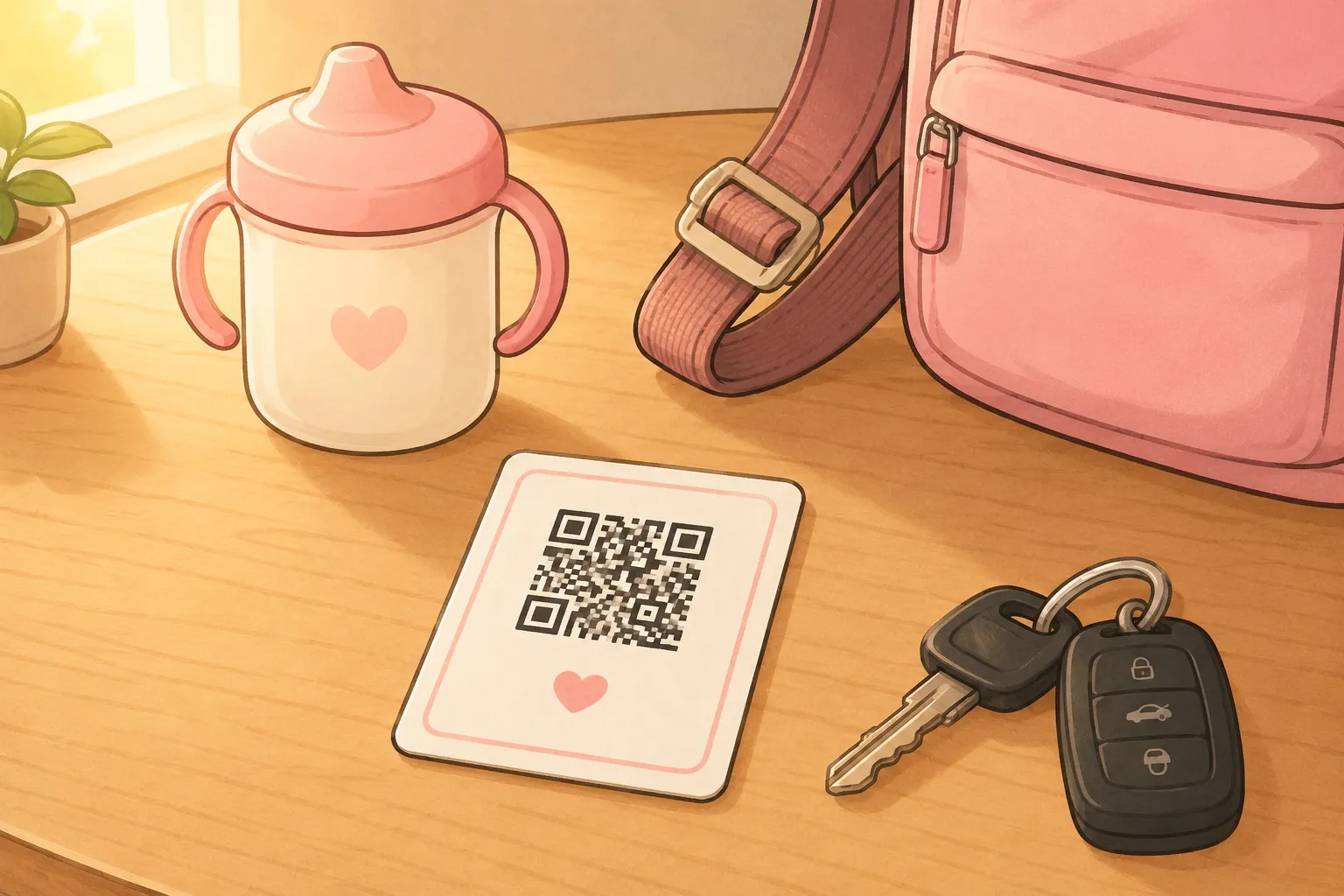 A MySpeak QR card on a kitchen counter alongside a sippy cup, backpack, and car keys