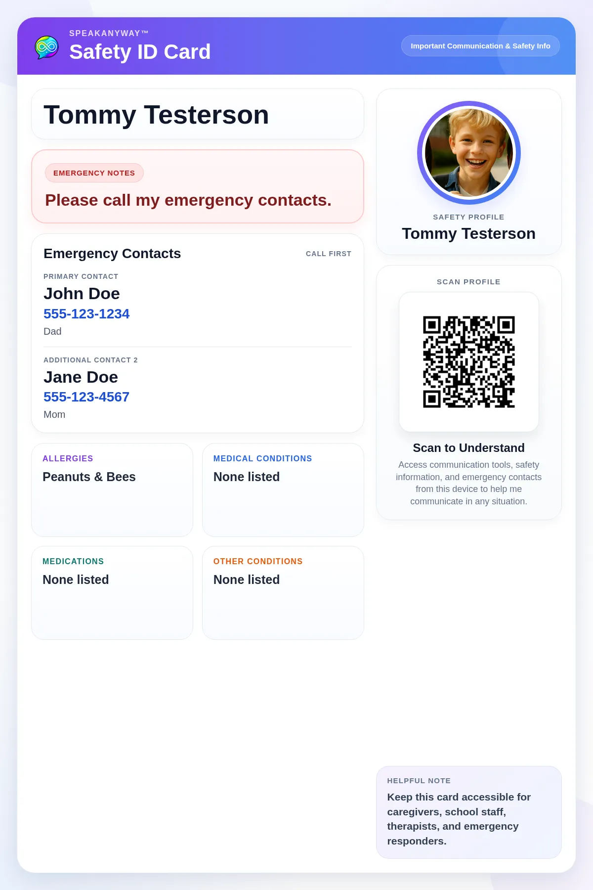 Printable SpeakAnyWay Safety ID Card with emergency contacts, medical info, and a QR profile