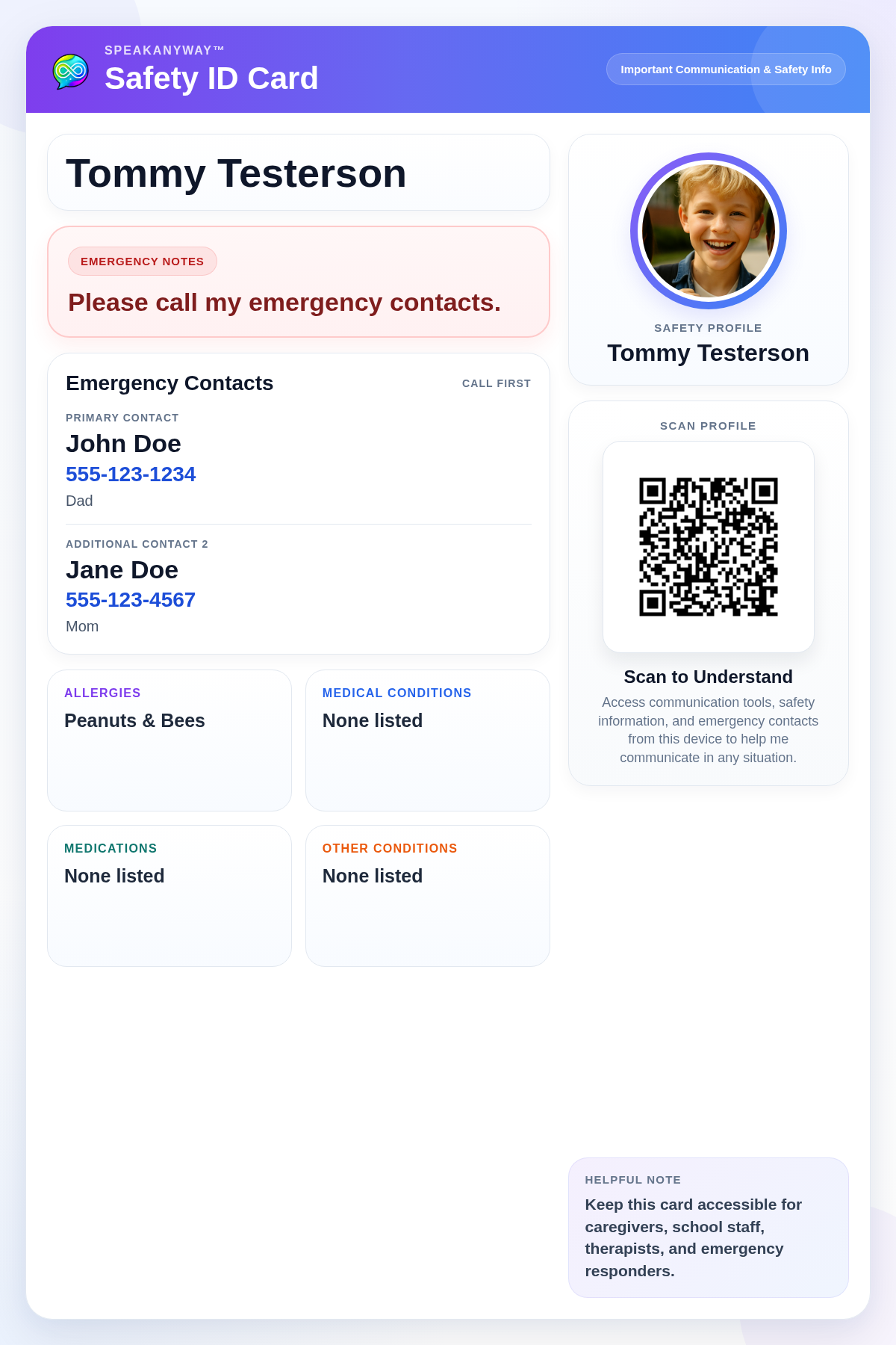 Printable SpeakAnyWay Safety ID Card with emergency contacts, medical info, and a QR profile