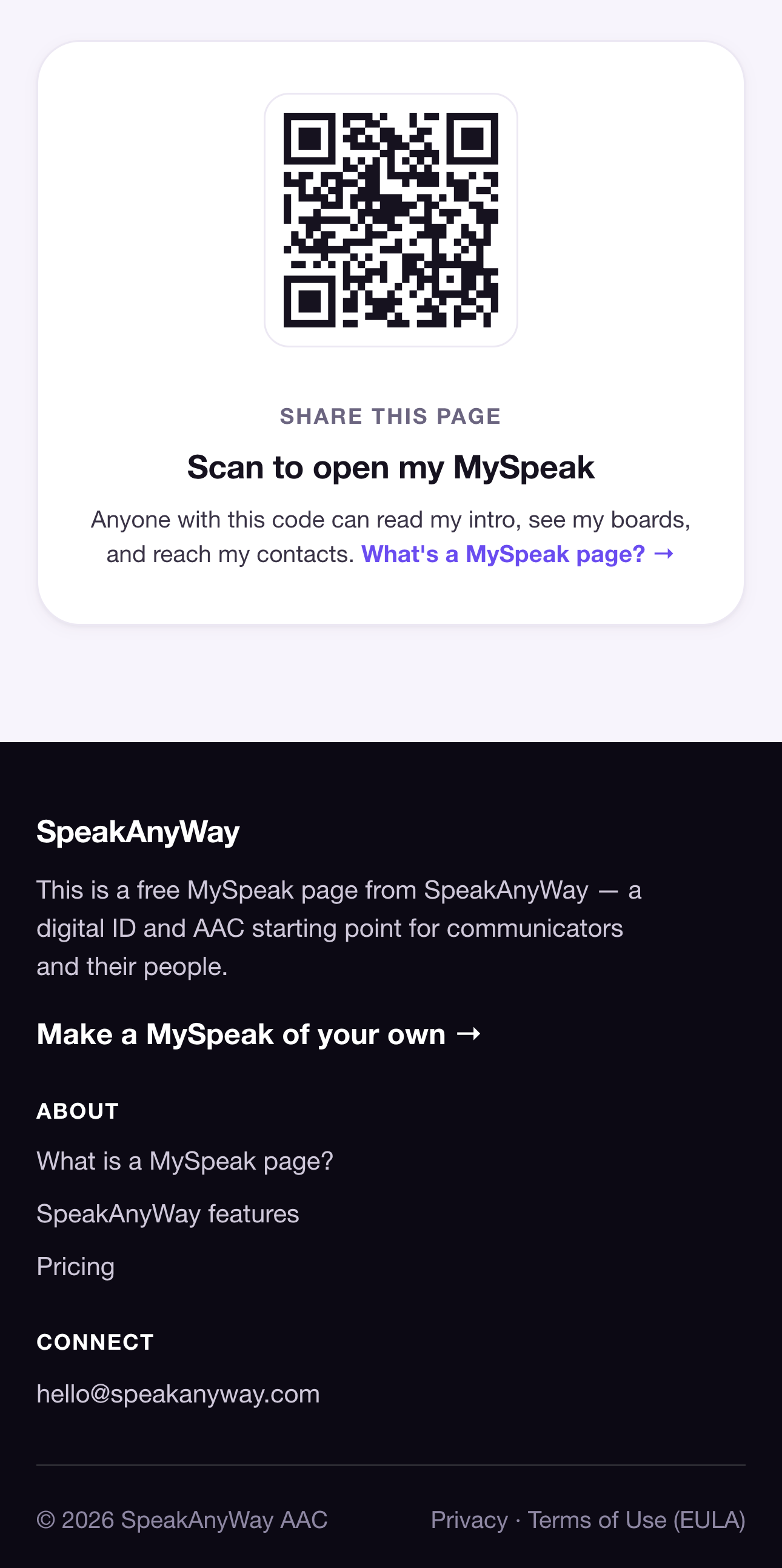QR code with Scan to open my MySpeak label and share row