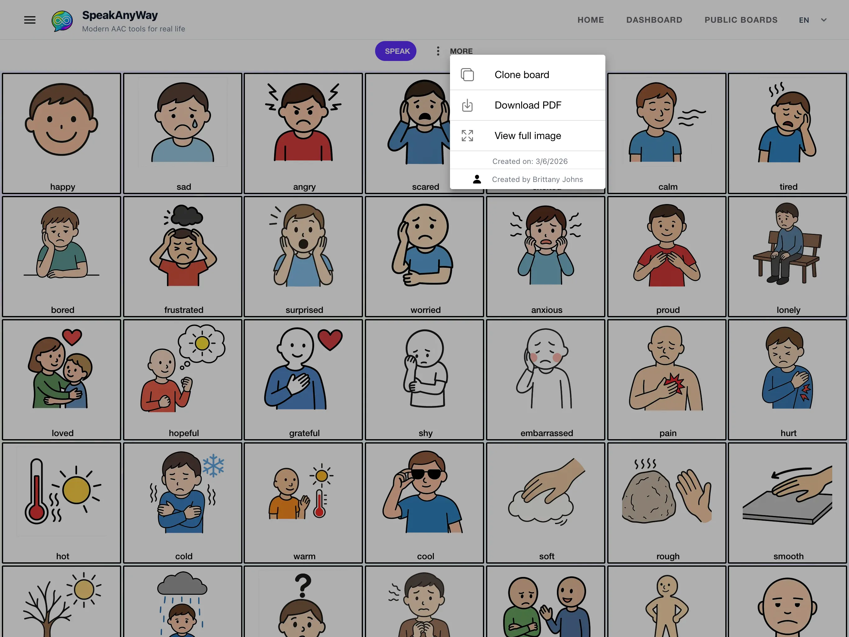 A public emotions board open in the SpeakAnyWay editor with the More menu open showing the Clone board option