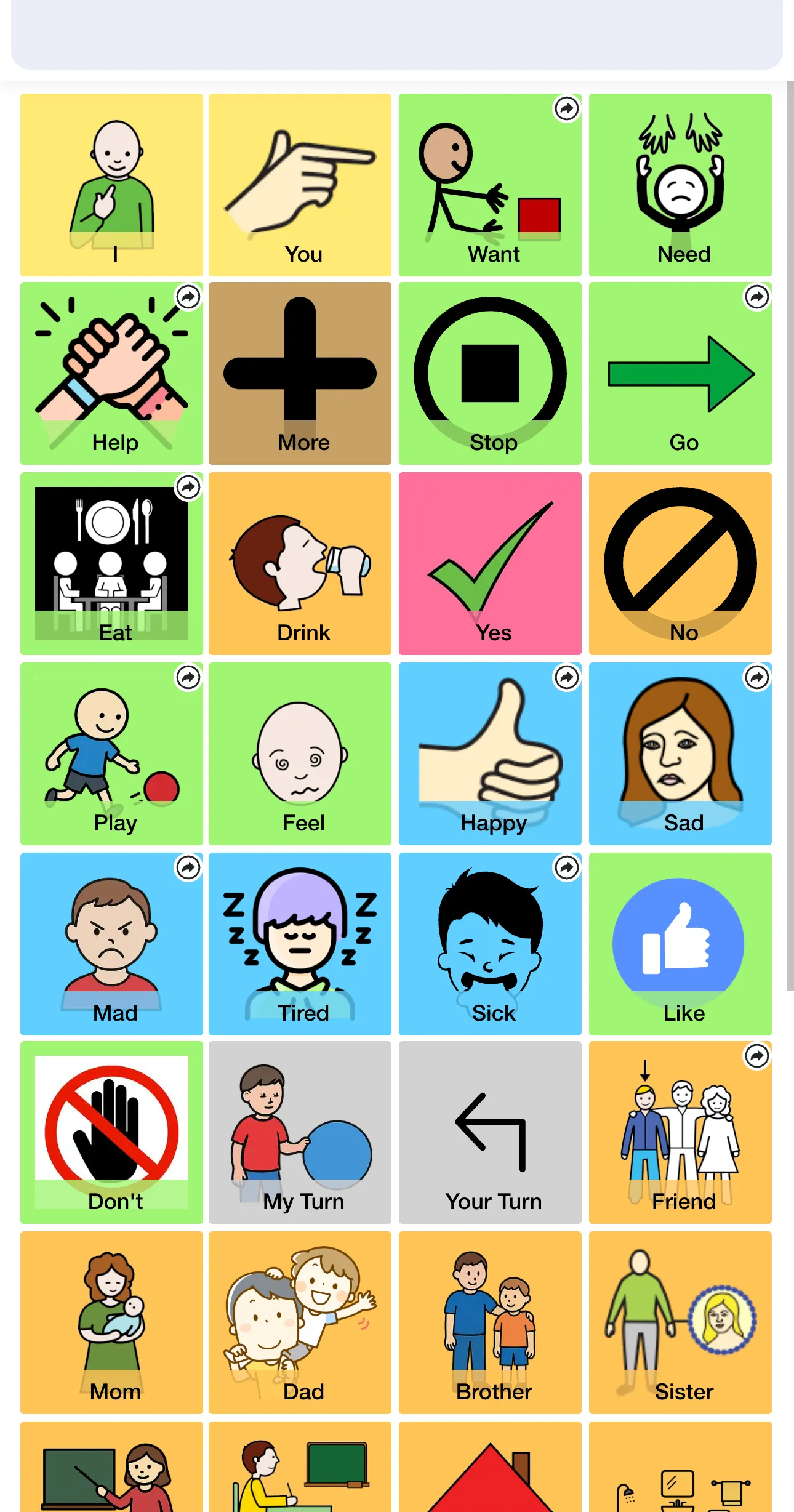 A communication board with symbol tiles open in MySpeak