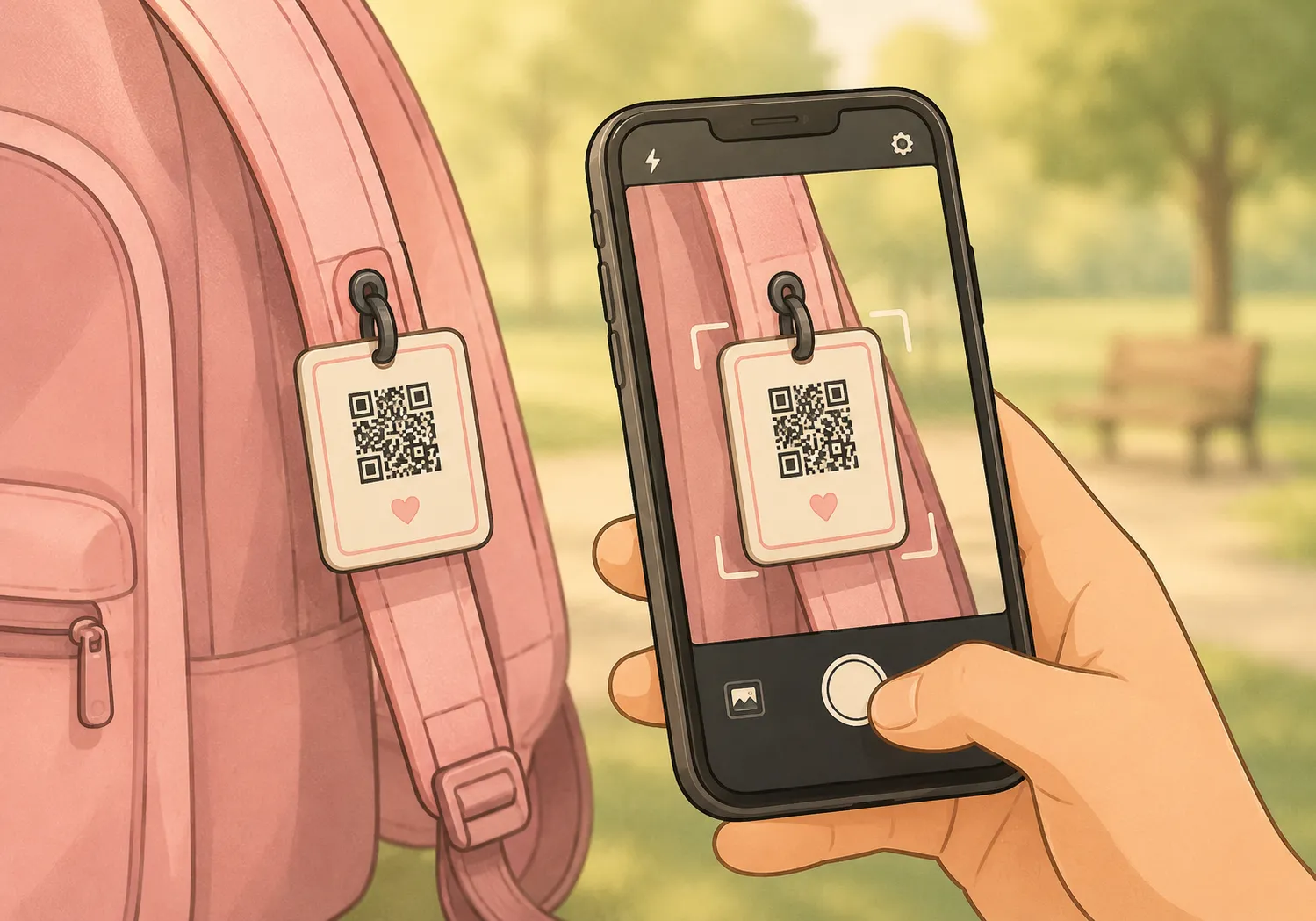 A phone scanning a MySpeak QR tag clipped to a child's backpack outside